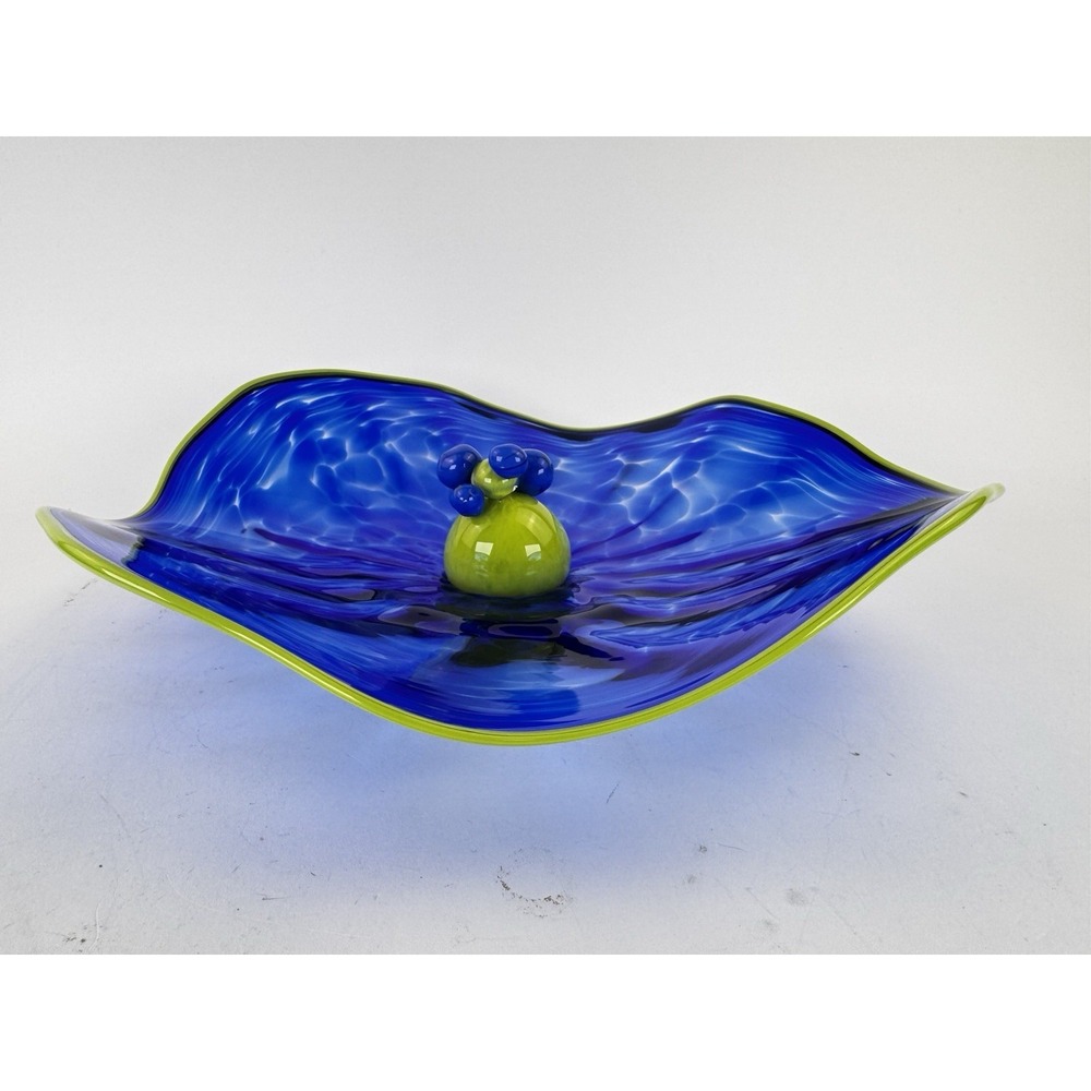 Hand Blown Art Glass Bowl Blue w Green Rim Prunt Center 12" Modern - Picture 2 of 10